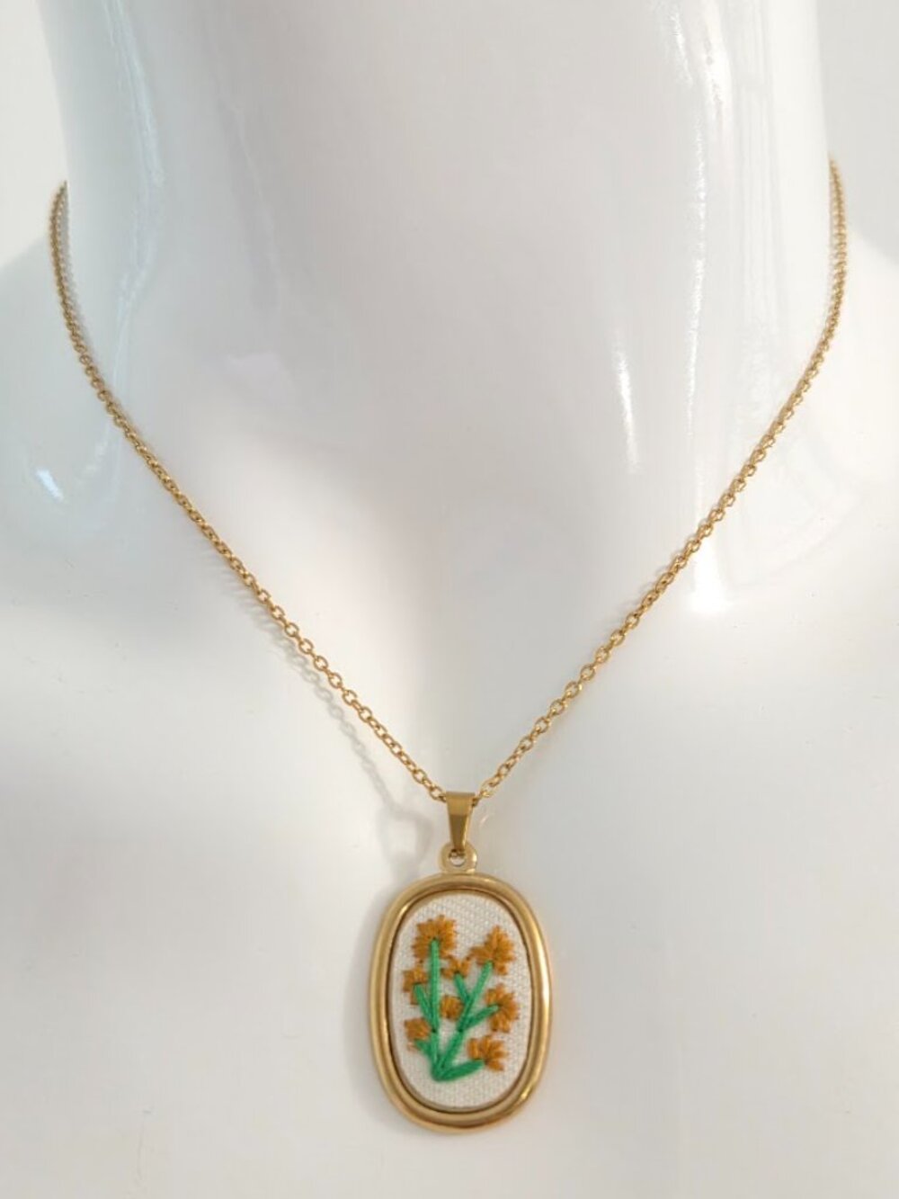 Gold Tone Oval Embroidered Floral Pendant Necklace Dainty Vintage Inspired